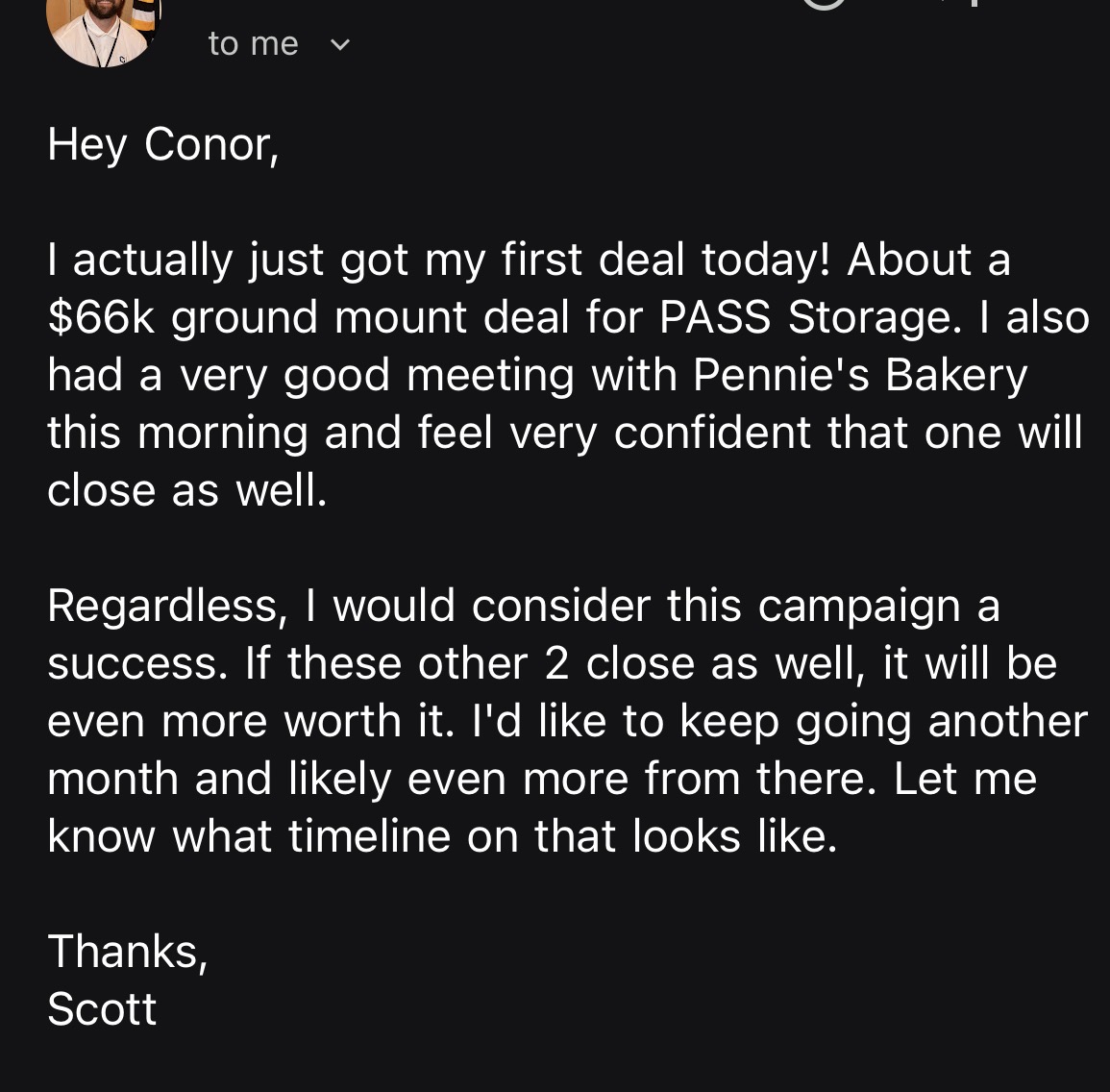 Email from Scott, Greenrack Solar — confirming first $66k ground mount deal closed for PASS Storage