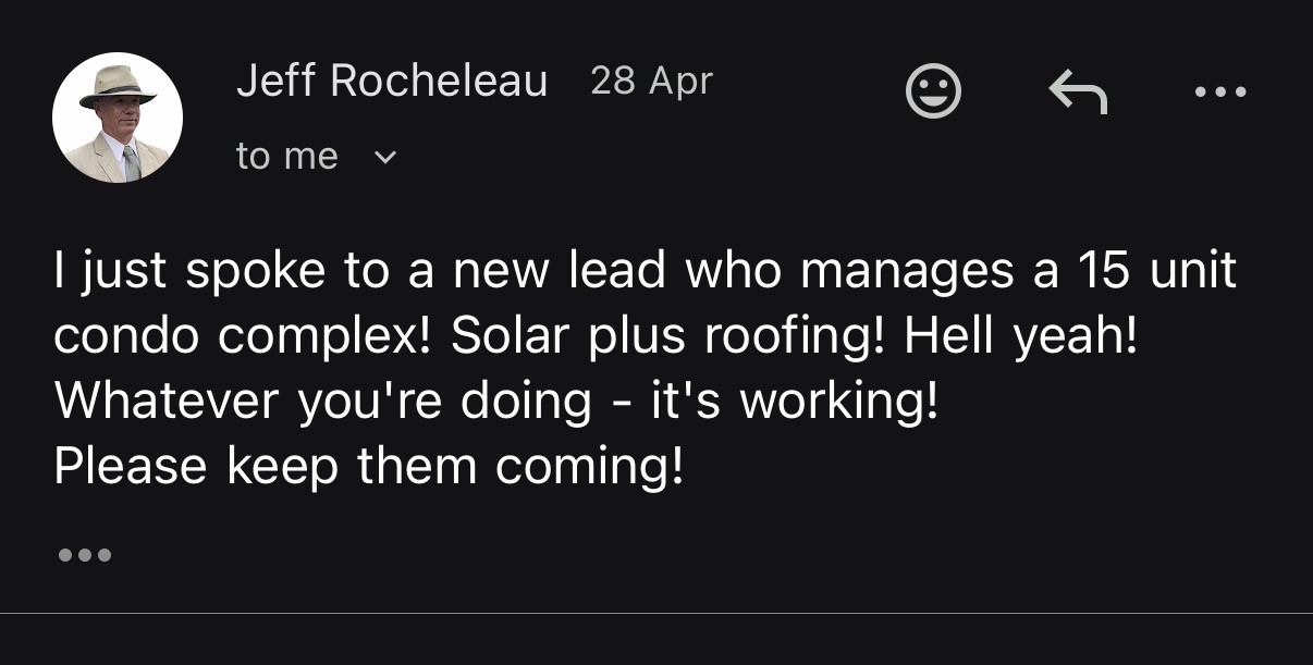 Reply about a 15 unit condo complex with solar plus roofing