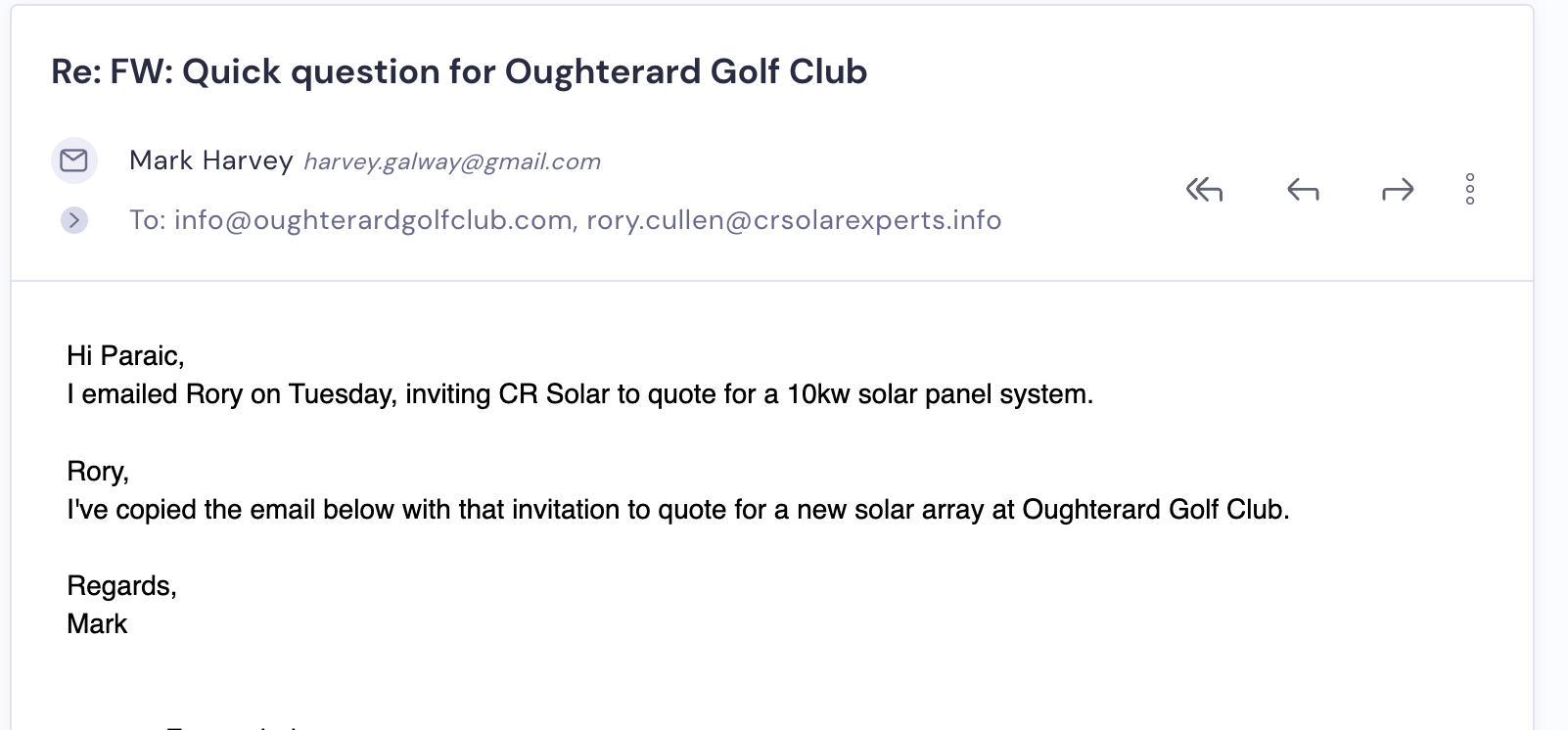 Quote request from Oughterard Golf Club for a 10kW solar system