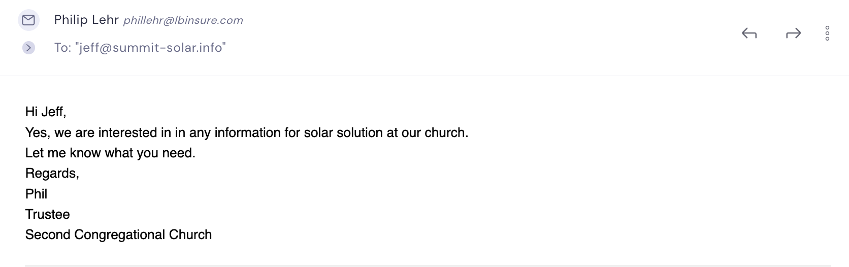Trustee of Second Congregational Church interested in solar solutions